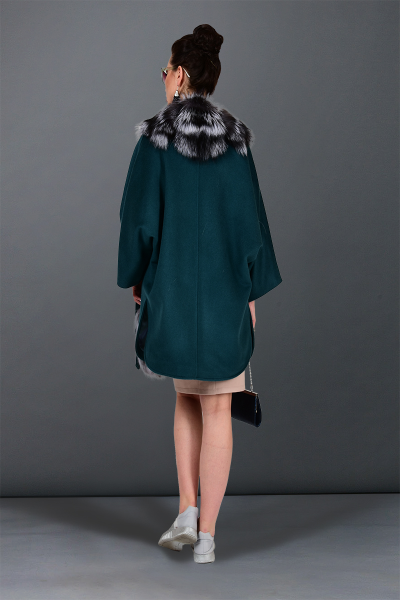 Пальто понча с мехом ПС-39 з цвет Зеленый фото