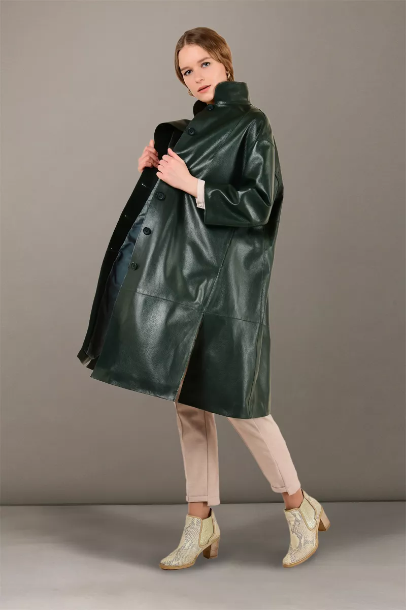 Кожаный плащ женский КК-594 з цвет Зеленый фото
